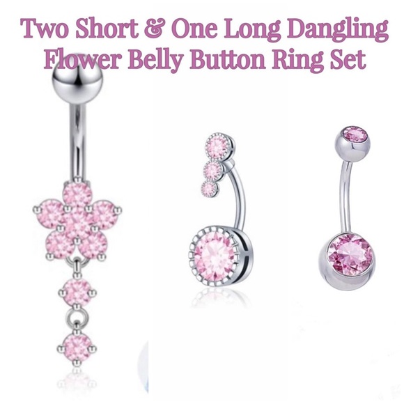 Only $18! Set of 3 Pink CZ Flower Belly Button Rings, 2 Stud & 1 Dangle! - Picture 1 of 16